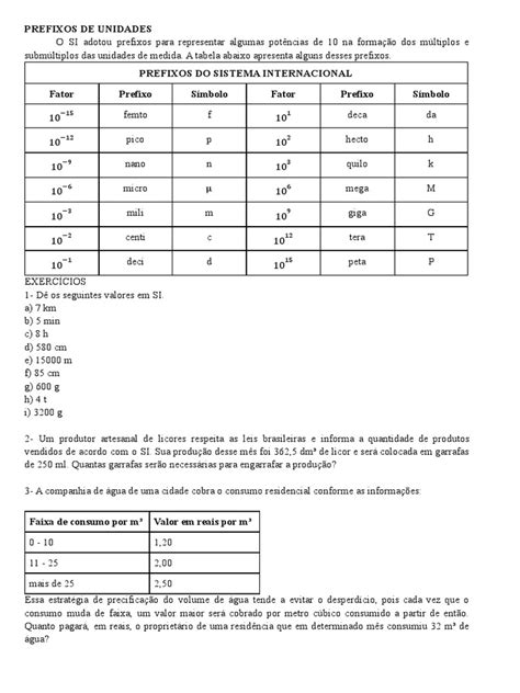 Tabela Prefixos E Exercícios 1 Pdf Metro Unidades De Medida