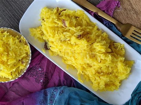 A Plate Or Bowl Of Sweet Yellow Zarda Rice Stock Image Image Of