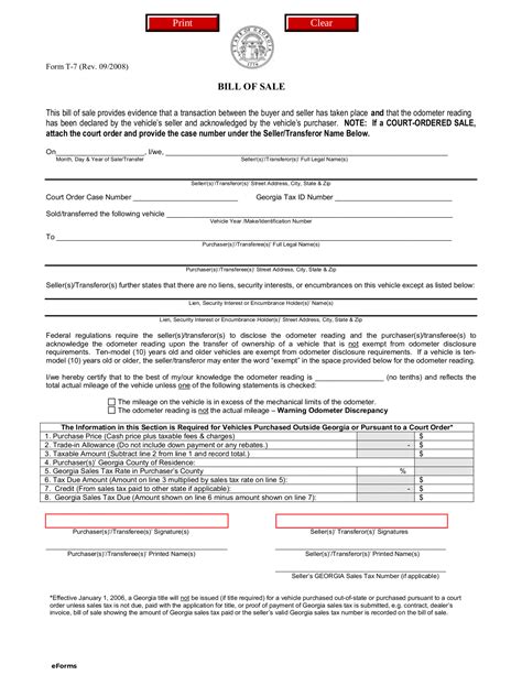 Free Georgia Motor Vehicle Bill Of Sale Form T 7 Pdf Eforms