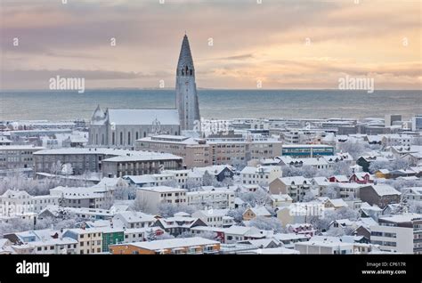 Winter Snowfall With Hallgrimskirkja Church Reykjavik Iceland Stock