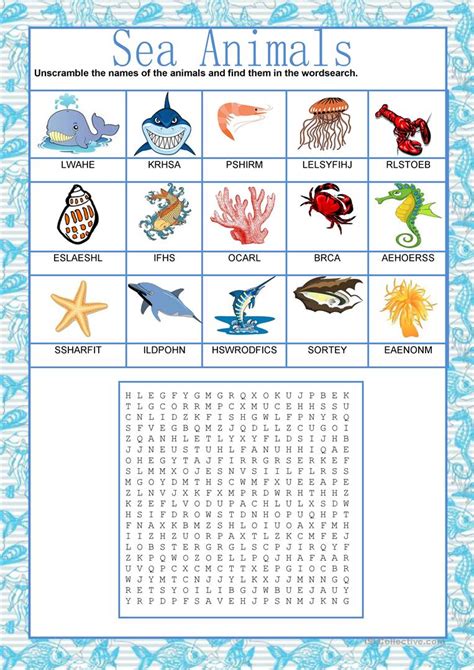 Sea Animals Wordsearch Esl Worksheetineta Word Search