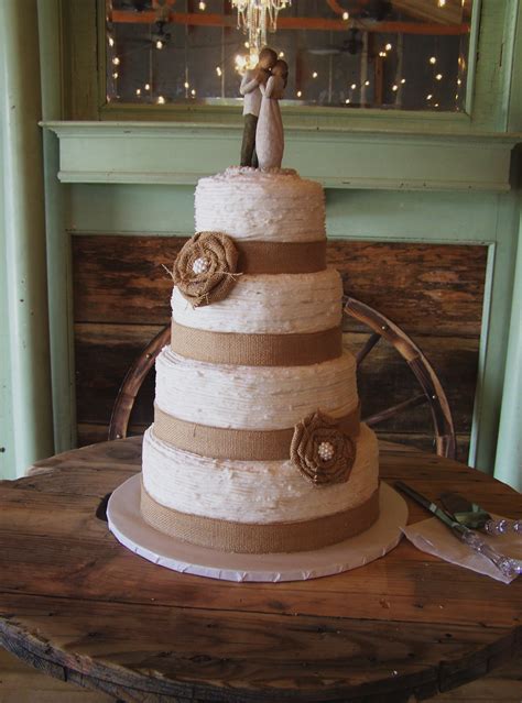 Textured Rustic Cake With Burlap Flowers Rustic Cake Cake Wedding Cakes