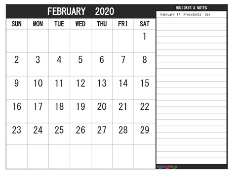 February 2020 Calendar With Holidays Free Printable
