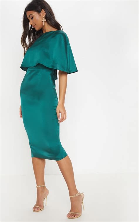 Emerald Green Satin Cape Dress Dresses Prettylittlething Usa