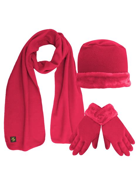 Hot Pink Plush Fur Trim Fleece 3 Piece Hat Scarf And Glove Set