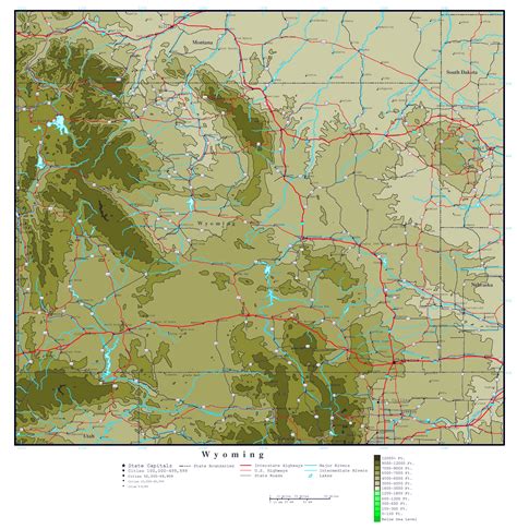 Large Detailed Elevation Map Of Wyoming State With Roads