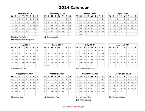 Download Blank Calendar 2024 With Us Holidays 12 Months On One Page