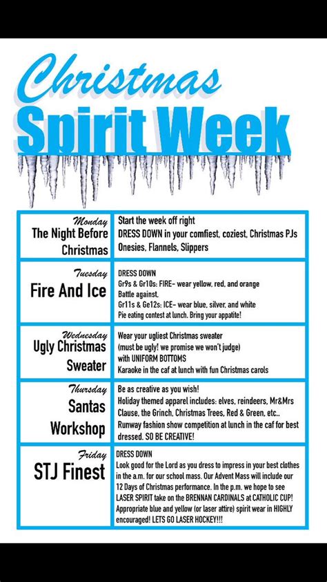 Students and staff look forward to a week of events including spirit weeks often have a central theme that is followed throughout the week. Ideas For Christmas Spirit Week / Christmas Spirit Week St ...