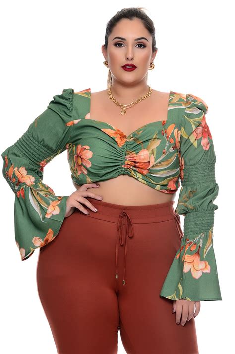 Cropped Plus Size Estampado Manga Flare Verde Vk Moda Plus Size