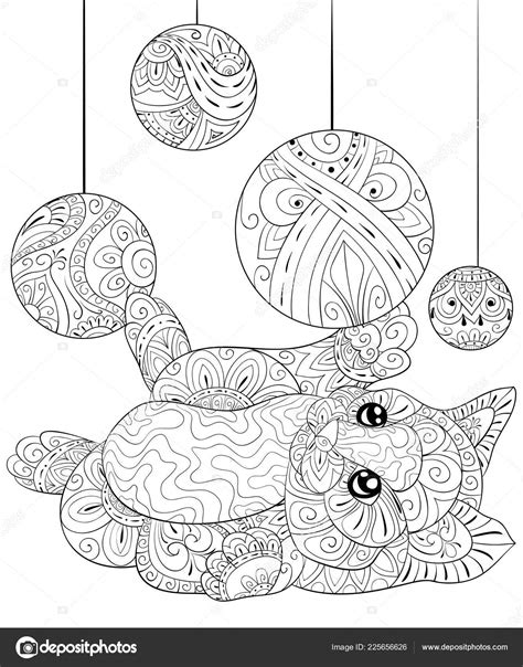 A million christmas cats image gallery. Adult Coloring Book Page Cute Little Cat Playing Christmas ...