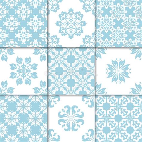 Blue And White Floral Ornaments Collection Of Seamless Patterns Stock