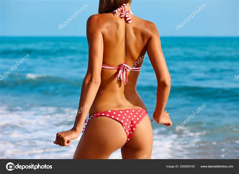 Sexy Back Beautiful Woman Posing Colorful Swimwear Bikini Sea Coast