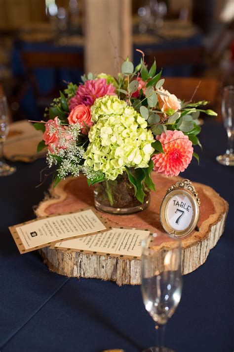 Wedding Centerpiece Cedar Slice Wood Coral Hydrangea Navy Wood