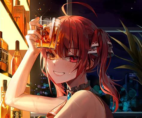 Anime Anime Girls Rosto Ruivo Olhos Vermelhos Sorrindo Bebida