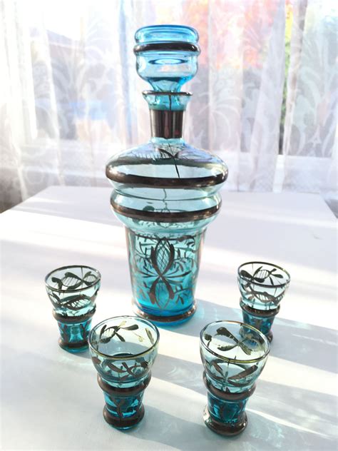 Vintage Italian Blue Glass Cordial Set Decanter With Silver Etsy Glass Decanter Set Aqua