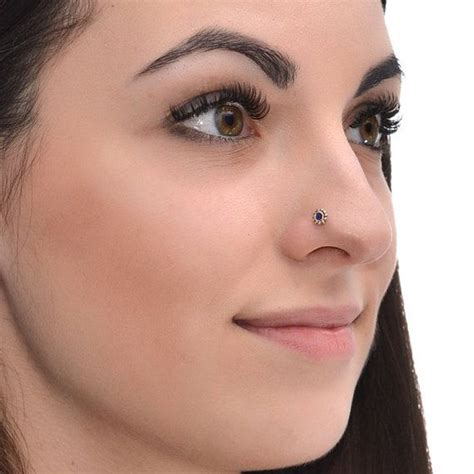 Gold Nose Stud With 2mm Sapphire 16g Cartilage Earring Etsy