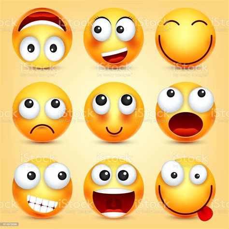 Smileyemoticons Set Yellow Face With Emotions Facial Expression 3d