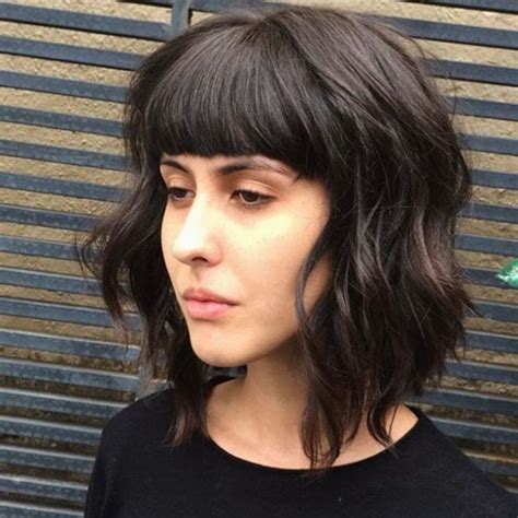 { 14 } uneven inverted bob cut with short bangs. Soft Wavy Fringe Bob with Micro Bangs and Brunette Color ...