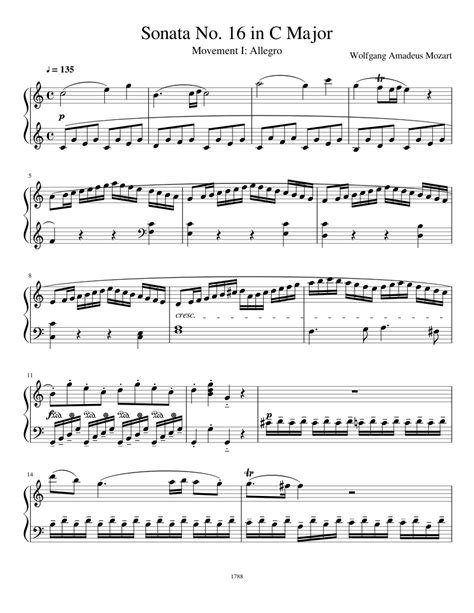 Mozart Sonata No 16 In C Major Mvt I Allegro 1788 Sheet Music