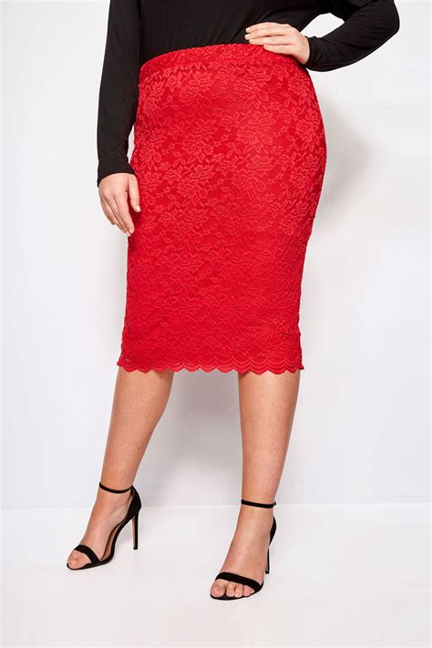 Yours London Red Stretch Lace Pencil Skirt With Scalloped Hem Plus Size 16 To 32