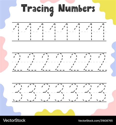 Numbers 1 2 3 Tracing Practice Worksheet Vector Image