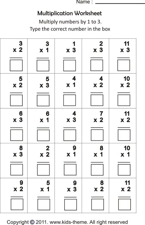 Multiplication Worksheets Multiply Numbers By 1 To 3