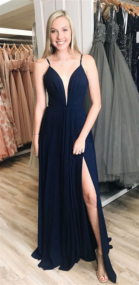 Navy Blue Chiffon Split Long Prom Evening Dress Evening Dresses Prom