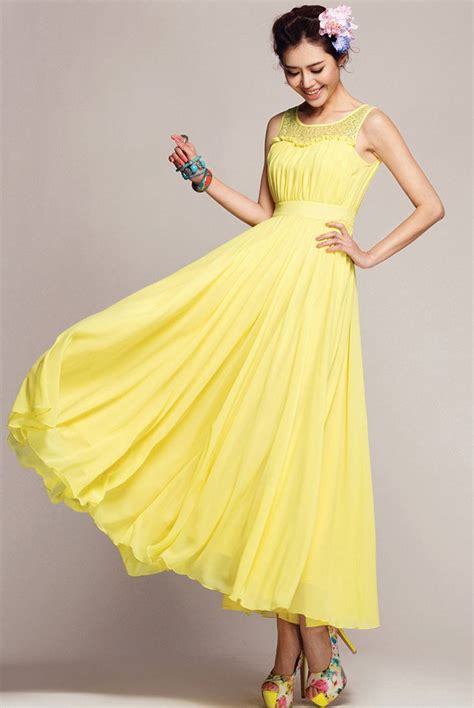 Yellow Sleeveless Lace Chiffon Pleated Dress Sheinsheinside Chiffon Dress Long Solid Maxi