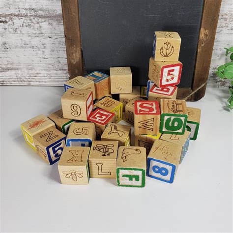 64 Wood Abc Blocks Vintage Childs Building Blocks Craft Supplies
