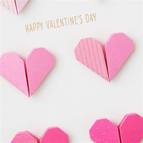 Pink And Gold Origami Paper Hearts Valentines Day Card Greeting