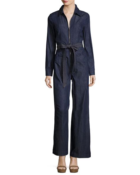 Lyst 7 For All Mankind Long Sleeve Zip Front Denim Jumpsuit In Blue