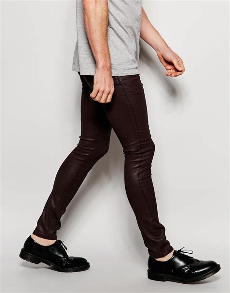 Lyst Asos Extreme Super Skinny Jeans In Heavy Coated Burgundy Red In Red For Men