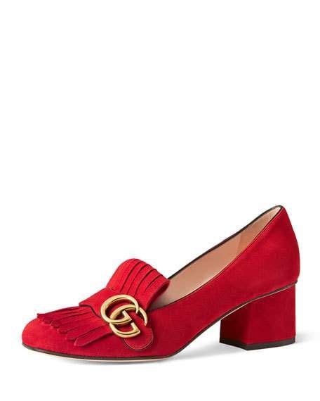 Gucci Marmont Fringe Suede 55mm Loafer Red Red Loafers Red Suede