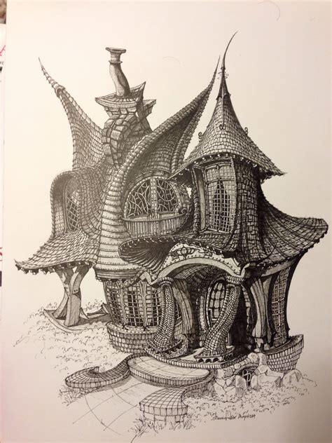 Shawn Fishers Whimsical Drawing Of A Cottage Fantasy House