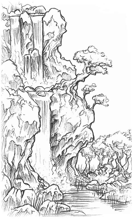 Landscape Waterfall Landscape Drawings Art Sketchbook Nature Drawing