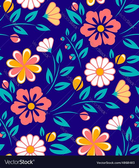 Seamless Spring Flower Pattern On Blue Background Vector Image