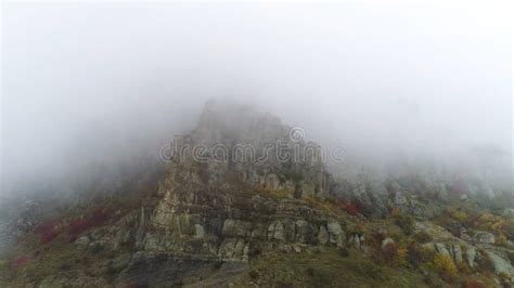 Aerial View On Rocky Mountains In The Fog Shot Beautiful Foggy