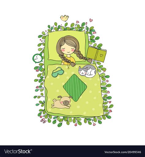 Girl Cats And Dog Sleep In Bed Good Night Vector Image