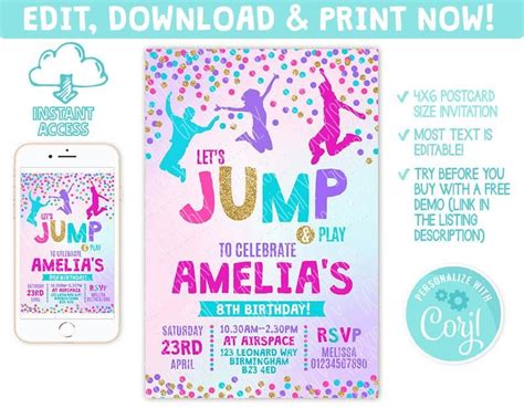 Jump Party Invitation Jump Invite Instant Download Etsy Jump Party Invitations Jump Party