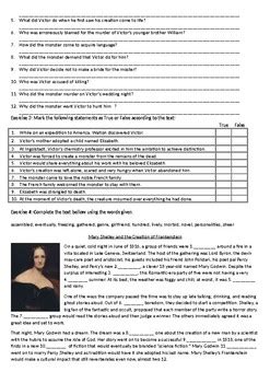 frankenstein  story  mary shelley reading comprehension tpt