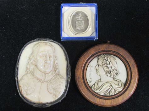 A Carved Ivory Miniature Of Oliver Cromwell 7 X 55cm Together With