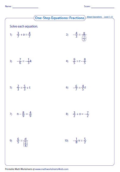 One Step Equations With Fractions And Mixed Numbers Worksheet