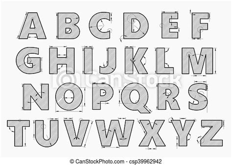 Alphabet In Style Of A Technical Drawing On A White Background Letters