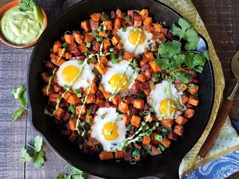 Sweet Potato Hash With Baked Eggs And Avocado Cilantro Crema Give It