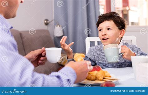 Happy Boy Chatting With Dad Stock Image Image Of Adult Expressive