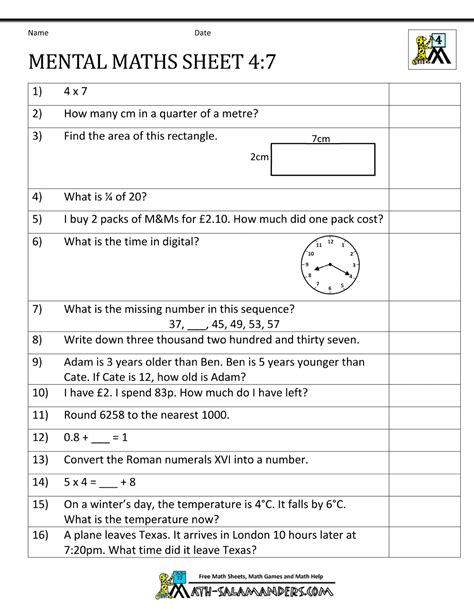 ☐ identify and name polygons, recognizing that their names are related to the number of sides and angles (triangle. Mental Maths Test Year 4 Worksheets