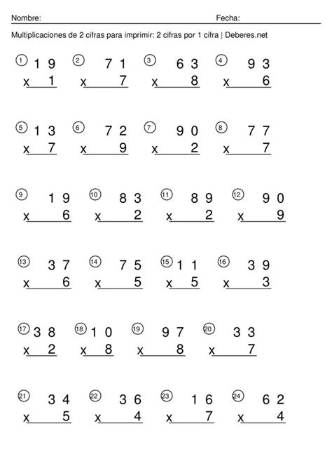 Multiplicaciones De 2 Cifras Para Imprimir 2 Cifras Por 1 Cifra Ficha 9
