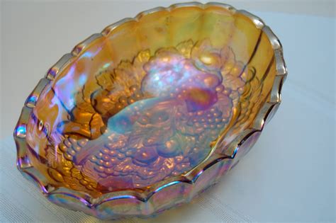 Vintage Carnival Glass Fruit Bowl Amber Iridescent