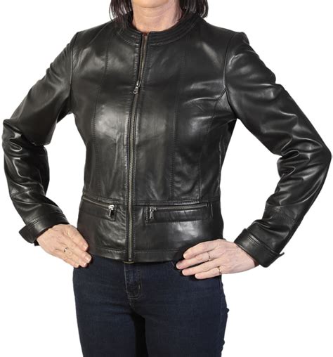 Ladies Black Leather Collarless Zip Up Jacket From Simons Leather