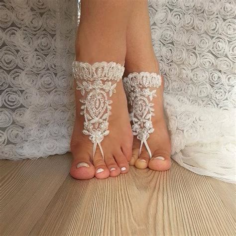 ivory barefoot silver frame french lace sandals wedding anklet beach wedding barefoot